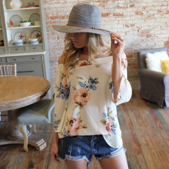 Ivory Floral Off the Shoulder Tunic - Picture 2 of 6